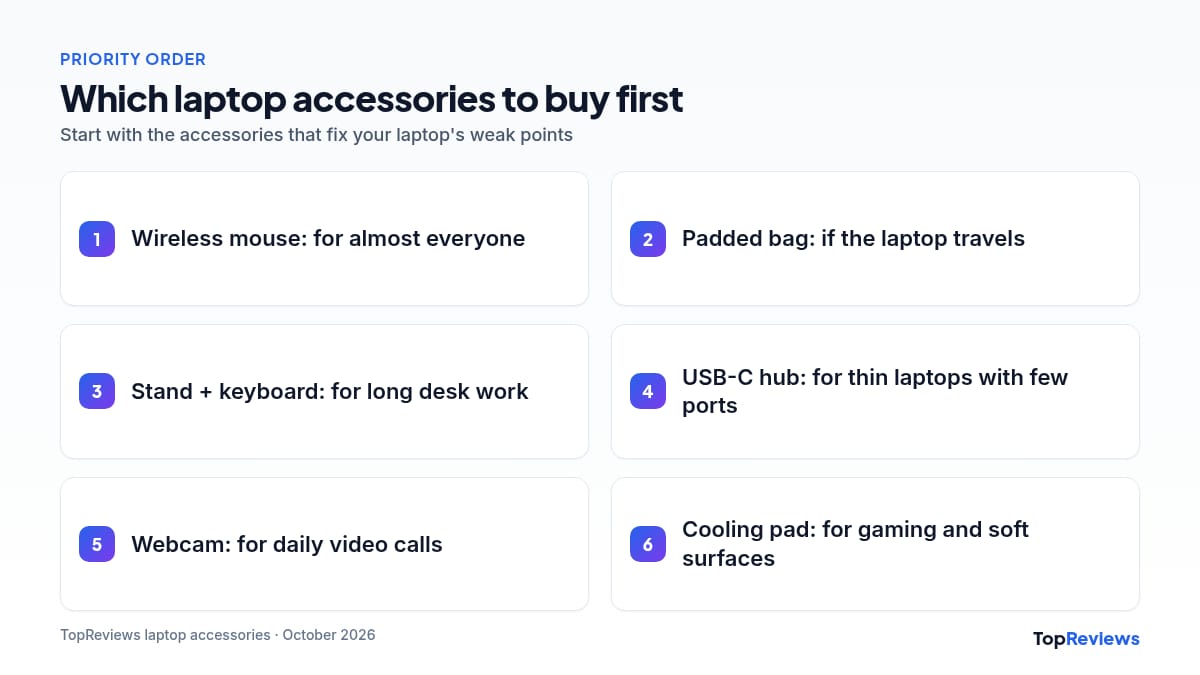 Laptop accessories by priority: mouse, bag and stand first, then keyboard, hub, webcam and cooling pad