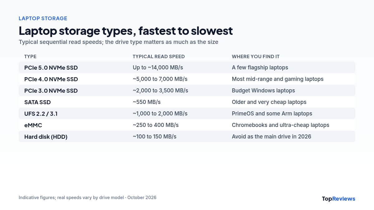 Laptop storage types compared: PCIe 5.0, 4.0 and 3.0 NVMe SSD, SATA SSD, UFS, eMMC and hard disk speeds
